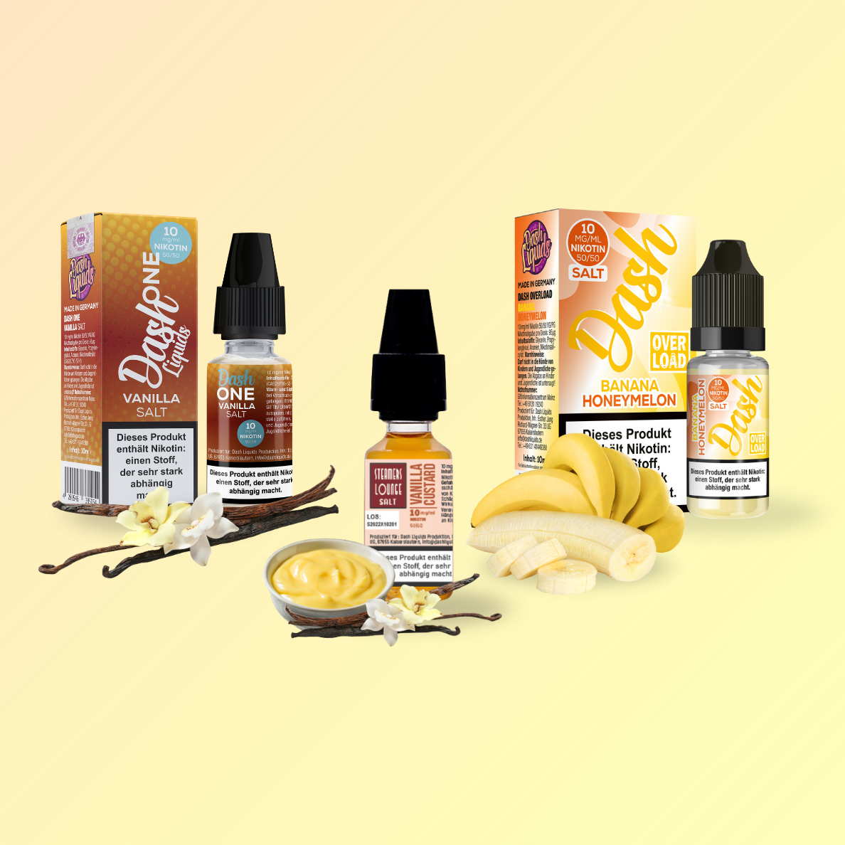 Bundle aus drei cremigen salt liquids: vanilla custard, banana honeymelon und vanilla von Dash Liquids