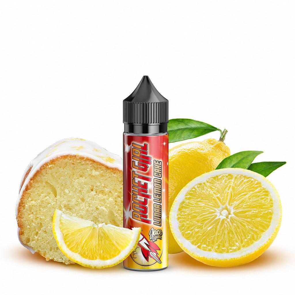 Rocket Girl Lunar Lemon Cake Liquid – Köstliches Dessert-E-Liquid mit dem Geschmack von saftigem Zitronenkuchen und einem Hauch Puderzucker. Süß, cremig und aromatisch – ideal für Liebhaber von Gebäck- und Dessertaromen. Produktflasche vor hellem Hintergrund, perfekt für Online-Shop-Produktseiten.