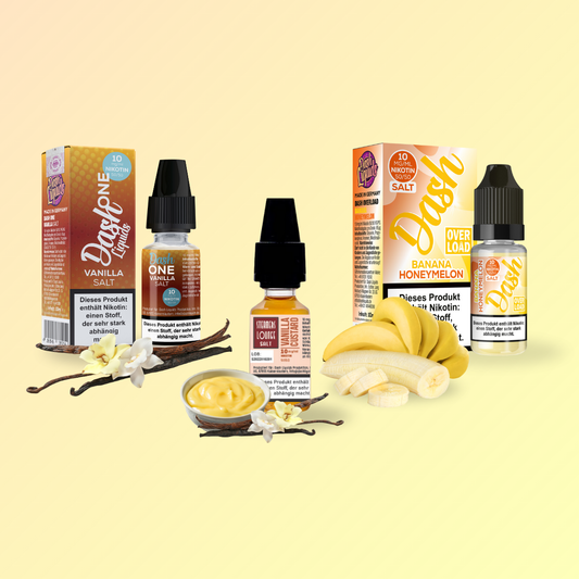 Bundle aus drei cremigen salt liquids: vanilla custard, banana honeymelon und vanilla von Dash Liquids