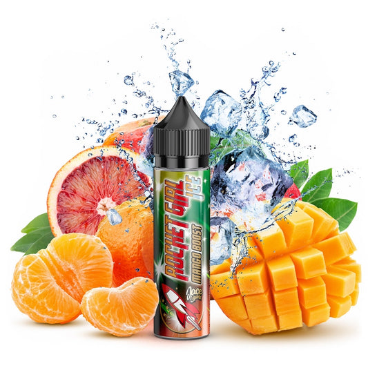 Rocket Girl Mango Boost Ice Liquid – Erfrischendes E-Liquid mit tropisch-fruchtigem Geschmack aus Mango, Blutorange und Mandarine, verfeinert mit einer angenehmen Kühlungsnote. Perfekt für sommerliche Vibes und ein belebendes Dampferlebnis. Produktflasche auf hellem Hintergrund, ideal für Online-Shop-Darstellung.