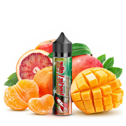 Rocket Girl Mango Boost Liquid – Fruchtiges E-Liquid mit einer harmonischen Mischung aus Mango, Blutorange und Mandarine. Süß, spritzig und tropisch im Geschmack – ideal für alle Liebhaber sonnig-exotischer Aromen. Produktflasche vor hellem Hintergrund, perfekt für die Präsentation im Onlineshop.